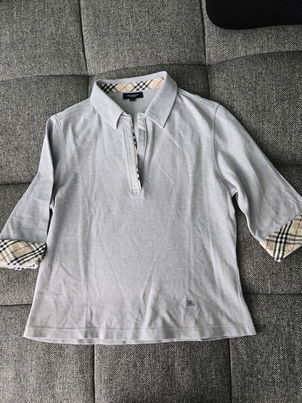 Burberry Light Gray Long Sleeve Polo with Check Trim